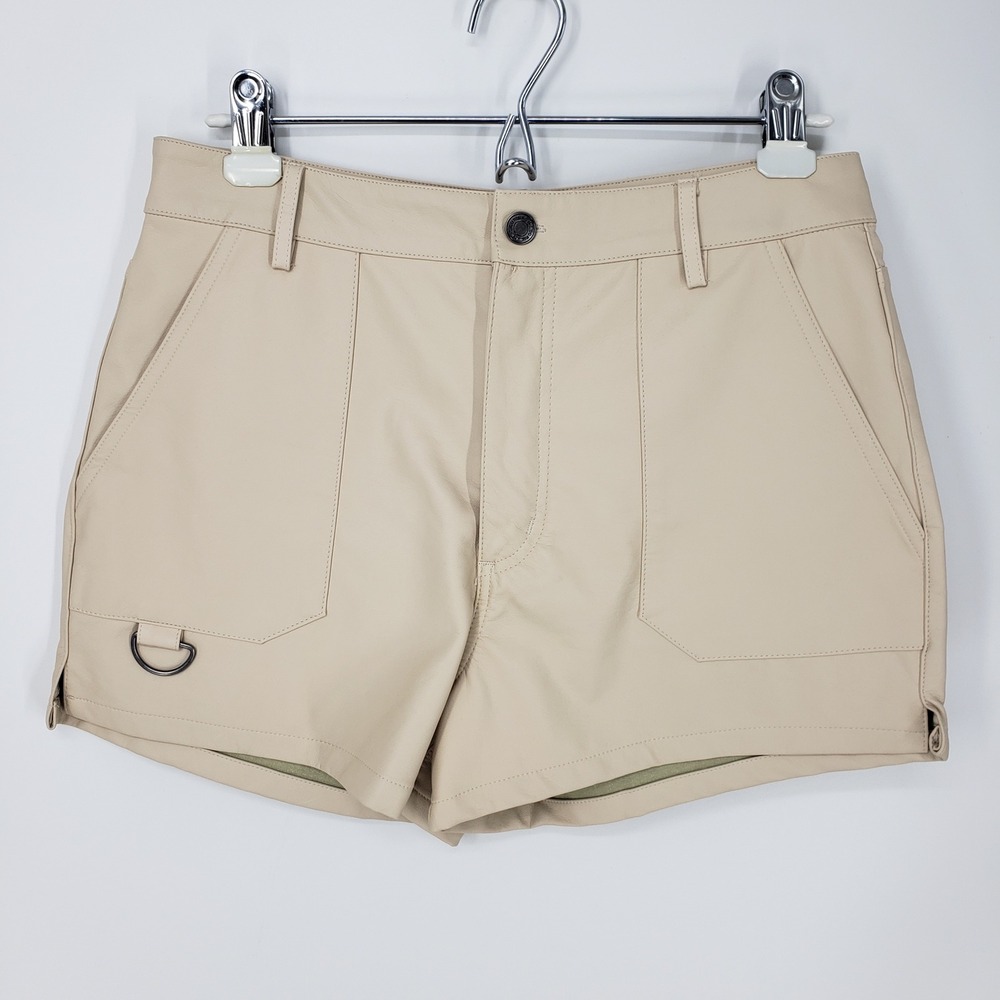 Indigo Rising Faux Leather Utility Shorts Women Sz 29 Beige Tan High Rise Waist